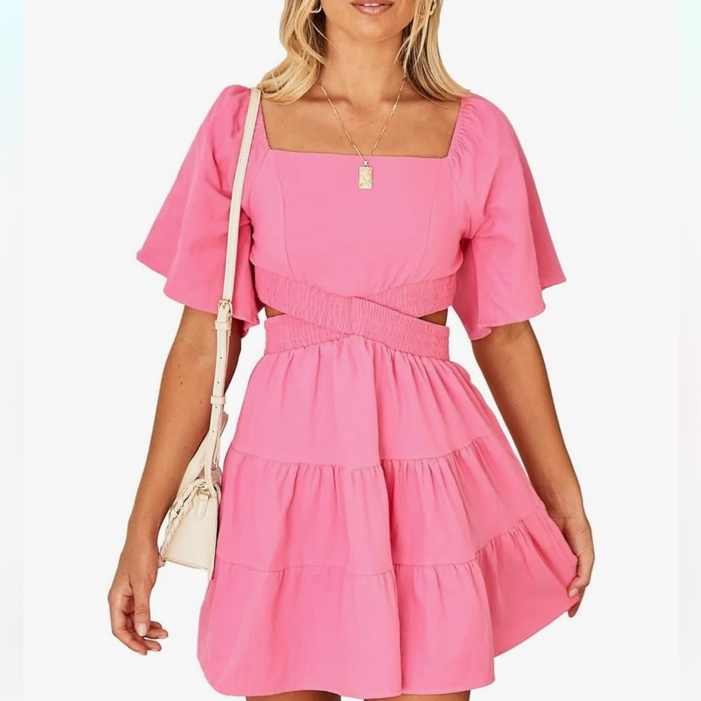Barbiecore Flared Mini Dress Square Neckline & Crossover Waist Pink S new!